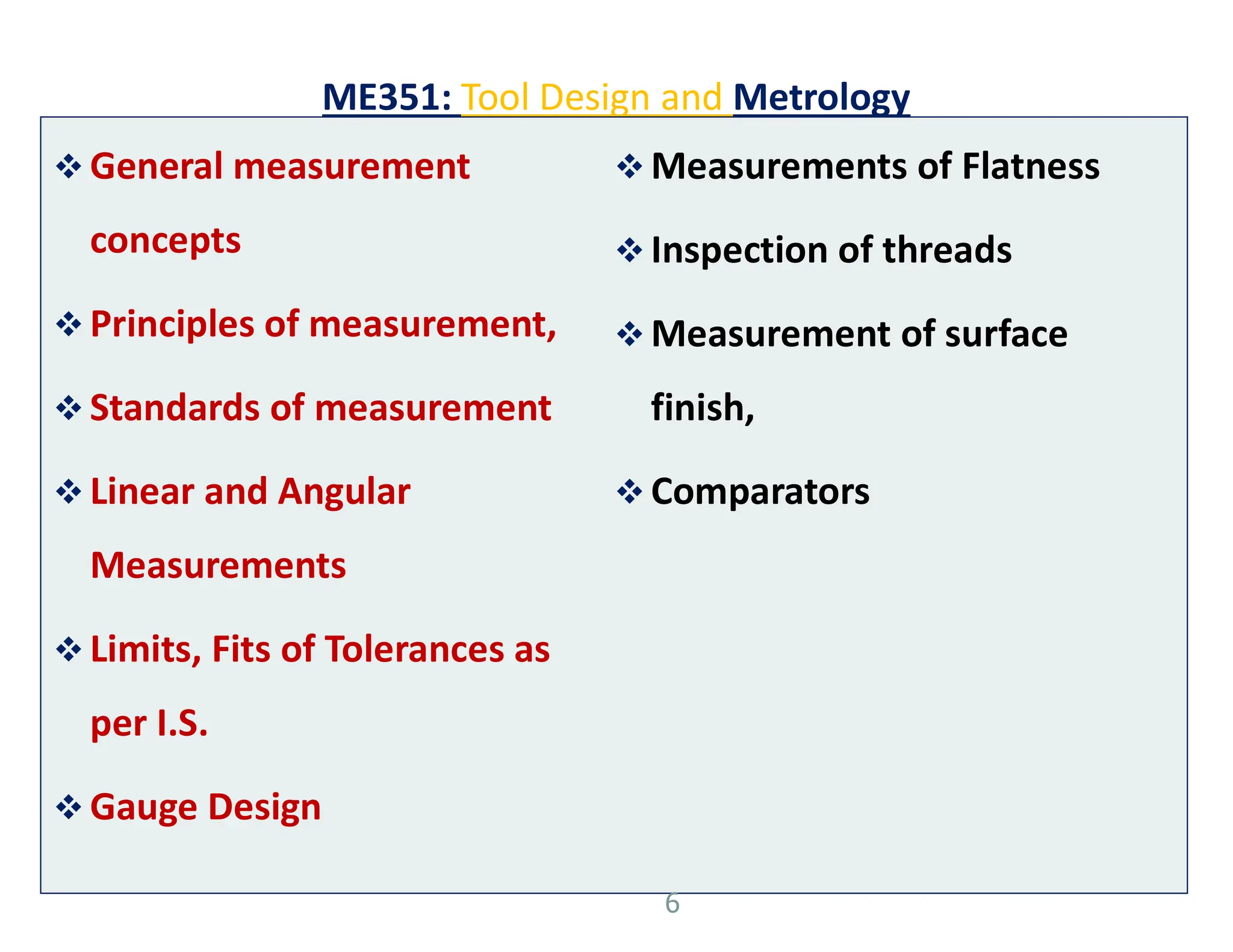 ME351: Tool Design and Metrology
 General measurement
concepts
 Principles of measurement,
 Standards of measurement
 Linear and Angular
Measurements
 Limits, Fits of Tolerances as
per I.S.
 Gauge Design
 Measurements of Flatness
 Inspection of threads
 Measurement of surface
finish,
 Comparators
6
 