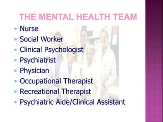 • Nurse
• Social Worker
• Clinical Psychologist
• Psychiatrist
• Physician
• Occupational Therapist
• Recreational Therapist
• Psychiatric Aide/Clinical Assistant
 