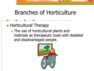 Branches of Horticulture
 Horticultural Therapy
 The use of horticultural plants and
methods as therapeutic tools with disabled
and disadvantaged people.
 