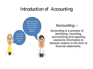 Introduction of Accounting
Accounting :Accounting is a process of
identifying, recording,
summarizing and reporting
economic information to
decision makers in the form of
financial statements.

 