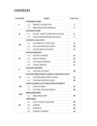 CONTENTS

CHAPTER                    INDEX                PAGE NO.
          INTRODUCTION
  I        1.1   PROJECT OVERVIEW                  1
           1.2   ORGANIZATION PROFILE              2
          SYSTEM STUDY
  II       2.1   STUDY ABOUT EXISTING SYSTEM       6
           2.2   NEED FOR PROPOSED SYSTEM          7
          SYSTEM ANALYSYS
           3.1   FEASIBILITY ANALYSIS              8
  III
           3.2   SYSTEM SPECIFICATION              10
           3.3   SOFTWARE FEATURES                 11
          SYSTEM DESIGN
           4.1   OUTPUT DESIGN                     21
  IV       4.2   INPUT DESIGN                      23
           4.3   DATABASE DESIGN                   26
           4.4   TABLE DESIGN                      27
          SYSTEM TESTING
  V
           5.1   SYSTEM TESTING                    38
          SYSTEM IMPLEMENTATION & MAINTENANCE
  VI       6.1   SYSTEM IMPLEMENTATION             43
           6.2   SYSTEM MAINTENANCE                45
          CONCLUSION & FUTURE ENHANCEMENT
  VII      7.1   CONCLUSION                        47
           7.2   FUTURE ENHANCEMENT                48
          BIBLIOGRAPHY
  VIII
           8.1   BIBLIOGRAPHY                      49
          APPENDIX
           9.1   DATA FLOW DIAGRAM                 50
  IX       9.2   FORMS                             55
           9.3   REPORTS                           59
           9.4   SAMPLE CODING                     63
 