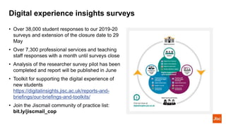Digital experience insights surveys
• Over 38,000 student responses to our 2019-20
surveys and extension of the closure date to 29
May
• Over 7,300 professional services and teaching
staff responses with a month until surveys close
• Analysis of the researcher survey pilot has been
completed and report will be published in June
• Toolkit for supporting the digital experience of
new students
https://digitalinsights.jisc.ac.uk/reports-and-
briefings/our-briefings-and-toolkits/
• Join the Jiscmail community of practice list:
bit.ly/jiscmail_cop
 