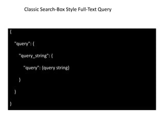 Classic Search-Box Style Full-Text Query

{

"query": {
"query_string": {
"query": {query string}
}
}
}

 