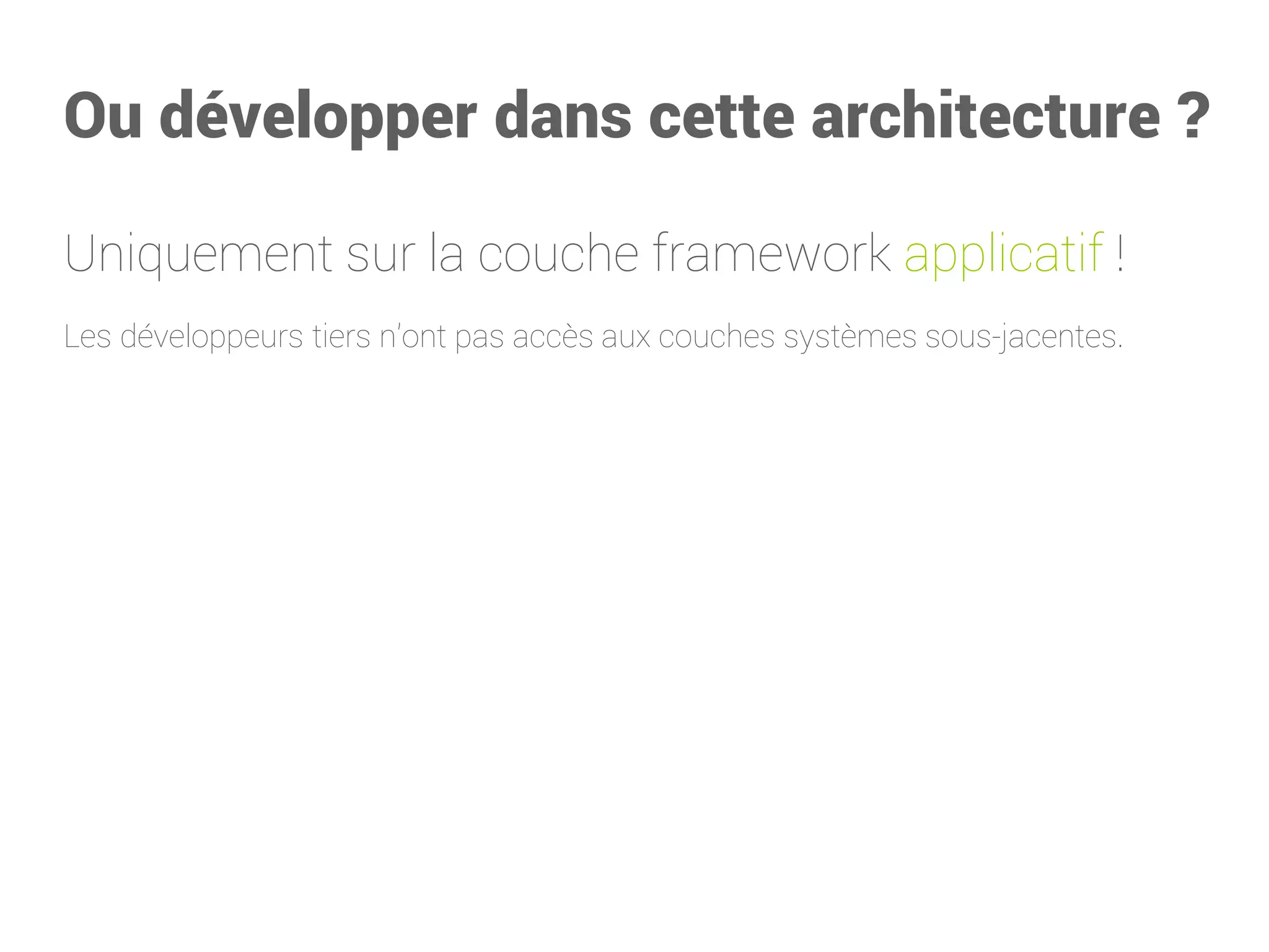 Ou développer dans cette architecture? 
Uniquement sur la couche framework applicatif! 
Les développeurs tiers n'ont pas accès aux couches systèmes sous-jacentes.  