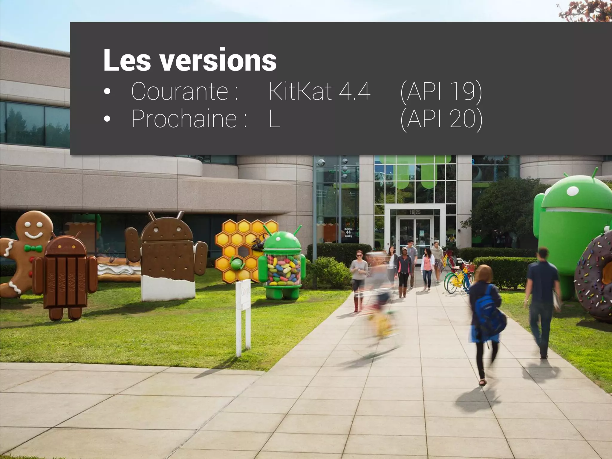 Les versions 
•Courante :KitKat 4.4 (API 19) 
•Prochaine : L (API 20)  