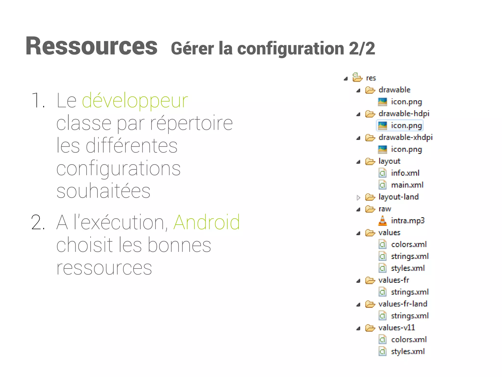 Ressources Gérer la configuration 2/2 
1.Le développeurclasse par répertoire les différentes configurations souhaitées 
2.A l'exécution, Androidchoisit les bonnes ressources  