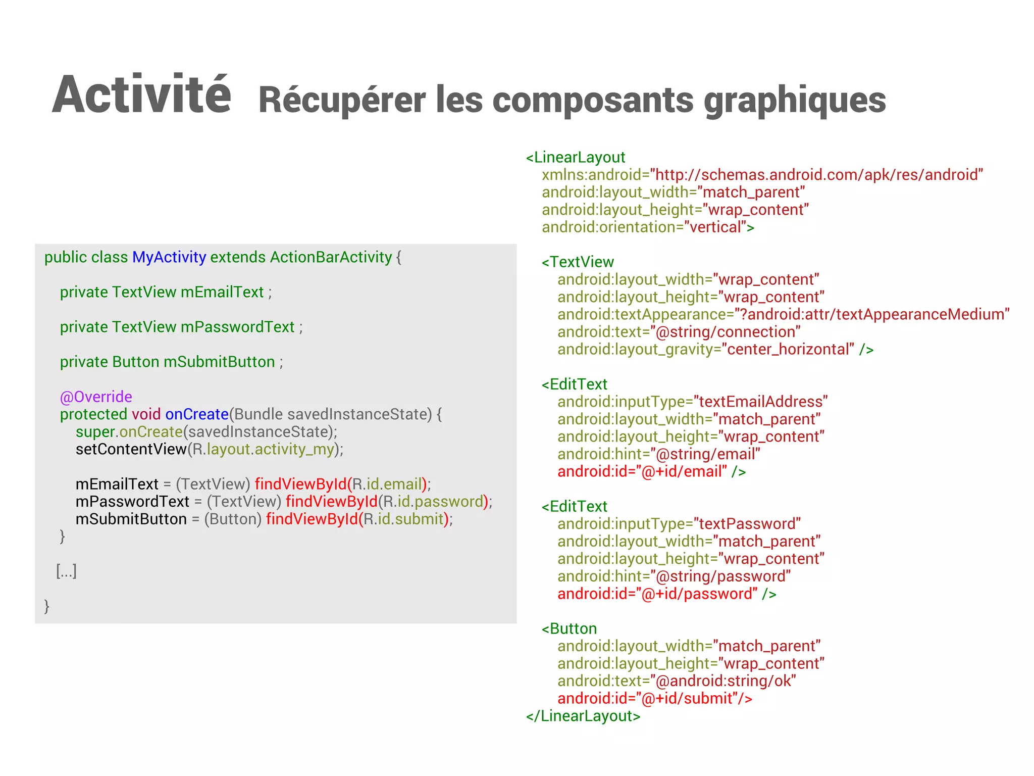 <LinearLayout 
xmlns:android="http://schemas.android.com/apk/res/android" 
android:layout_width="match_parent" 
android:layout_height="wrap_content" 
android:orientation="vertical"> 
<TextView 
android:layout_width="wrap_content" 
android:layout_height="wrap_content" 
android:textAppearance="?android:attr/textAppearanceMedium" 
android:text="@string/connection" 
android:layout_gravity="center_horizontal" /> 
<EditText 
android:inputType="textEmailAddress" 
android:layout_width="match_parent" 
android:layout_height="wrap_content" 
android:hint="@string/email" 
android:id="@+id/email" /> 
<EditText 
android:inputType="textPassword" 
android:layout_width="match_parent" 
android:layout_height="wrap_content" 
android:hint="@string/password" 
android:id="@+id/password" /> 
<Button 
android:layout_width="match_parent" 
android:layout_height="wrap_content" 
android:text="@android:string/ok" 
android:id="@+id/submit"/> 
</LinearLayout> 
public class MyActivity extends ActionBarActivity { 
private EditText mEmailText ; 
private EditText mPasswordText ; 
private Button mSubmitButton ; 
@Override 
protected void onCreate(Bundle savedInstanceState) { 
super.onCreate(savedInstanceState); 
setContentView(R.layout.activity_my); 
mEmailText = (EditText) findViewById(R.id.email); 
mPasswordText = (EditText) findViewById(R.id.password); 
mSubmitButton = (Button) findViewById(R.id.submit); 
} 
[...] 
} 
Activité Récupérer les composants graphiques  