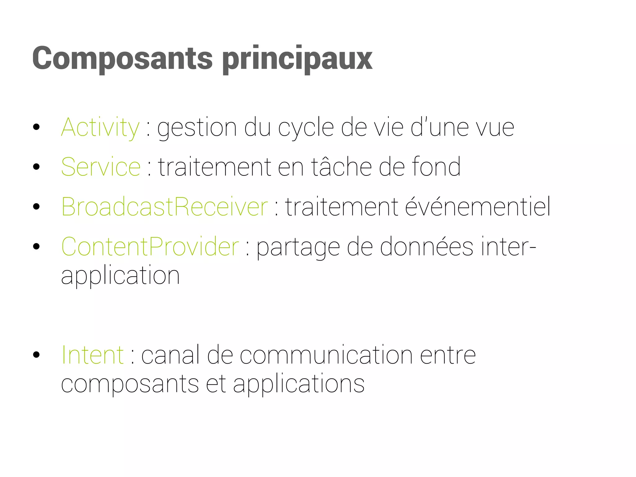 Settings/Preferences 
public class SettingsFragment extends PreferenceFragment { 
@Override 
public void onCreate(Bundle savedInstanceState) { 
super.onCreate(savedInstanceState); 
// Load the preferences from an XML resource 
addPreferencesFromResource(R.xml.preferences); 
} 
... 
} 
<PreferenceScreenxmlns:android="http://schemas.android.com/apk/res/android"> <PreferenceCategoryandroid:title="@string/pref_sms_storage_title" android:key="pref_key_storage_settings"> <CheckBoxPreferenceandroid:key="pref_key_auto_delete" android:summary="@string/pref_summary_auto_delete" android:title="@string/pref_title_auto_delete" android:defaultValue="false"... /> <Preferenceandroid:key="pref_key_sms_delete_limit" android:dependency="pref_key_auto_delete" android:summary="@string/pref_summary_delete_limit" android:title="@string/pref_title_sms_delete"... /> <Preferenceandroid:key="pref_key_mms_delete_limit" android:dependency="pref_key_auto_delete" android:summary="@string/pref_summary_delete_limit" android:title="@string/pref_title_mms_delete"... /> </PreferenceCategory> ... </PreferenceScreen>  