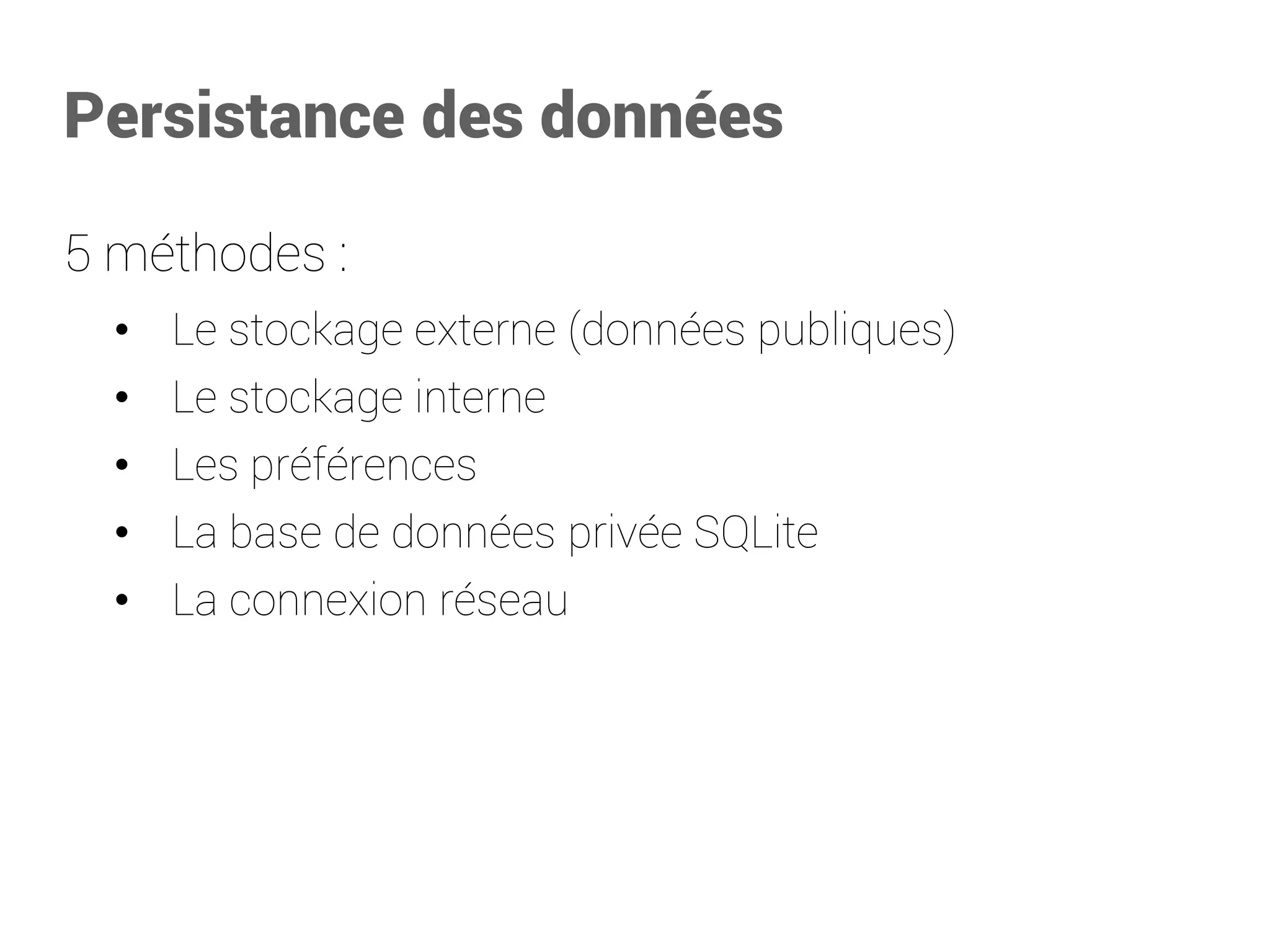 Intent réception 
<receiverandroid:name=".CurrencyReceiver"> 
<intent-filter> 
<actionandroid:name="android.intent.action.TIMEZONE_CHANGED"/> 
<actionandroid:name="android.intent.action.ACTION_BOOT_COMPLETED"/> 
</intent-filter> 
</receiver> 
<activityandroid:name=".YouTubeActivityActivity"> 
<intent-filter> 
<actionandroid:name="android.intent.action.VIEW"/> 
<data 
android:host="www.youtube.com" 
android:scheme="http"/> 
</intent-filter> 
</activity> 
Intent filter dans le manifeste  