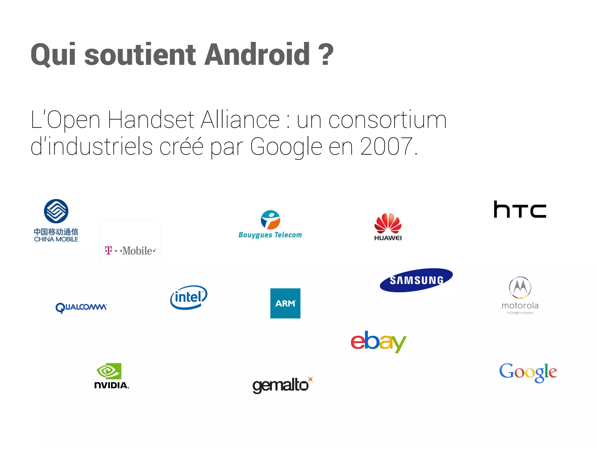 Qui soutient Android? 
L'Open Handset Alliance: un consortium d'industriels créé par Google en 2007.  
