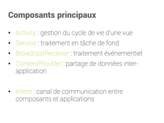 Settings/Preferences 
public class SettingsFragment extends PreferenceFragment { 
@Override 
public void onCreate(Bundle savedInstanceState) { 
super.onCreate(savedInstanceState); 
// Load the preferences from an XML resource 
addPreferencesFromResource(R.xml.preferences); 
} 
... 
} 
<PreferenceScreenxmlns:android="http://schemas.android.com/apk/res/android"> <PreferenceCategoryandroid:title="@string/pref_sms_storage_title" android:key="pref_key_storage_settings"> <CheckBoxPreferenceandroid:key="pref_key_auto_delete" android:summary="@string/pref_summary_auto_delete" android:title="@string/pref_title_auto_delete" android:defaultValue="false"... /> <Preferenceandroid:key="pref_key_sms_delete_limit" android:dependency="pref_key_auto_delete" android:summary="@string/pref_summary_delete_limit" android:title="@string/pref_title_sms_delete"... /> <Preferenceandroid:key="pref_key_mms_delete_limit" android:dependency="pref_key_auto_delete" android:summary="@string/pref_summary_delete_limit" android:title="@string/pref_title_mms_delete"... /> </PreferenceCategory> ... </PreferenceScreen>  