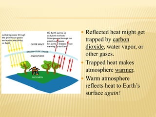  Reflected heat might get
trapped by carbon
dioxide, water vapor, or
other gases.
 Trapped heat makes
atmosphere warmer.
 Warm atmosphere
reflects heat to Earth’s
surface again!
 