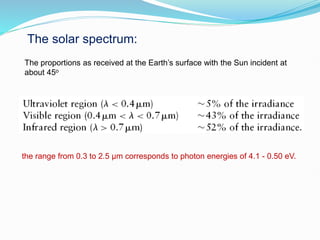 The solar spectrum:
The proportions as received at the Earth’s surface with the Sun incident at
about 45o
the range from 0.3 to 2.5 μm corresponds to photon energies of 4.1 - 0.50 eV.
 