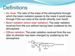 Definitions
 Air mass: The ratio of the mass of the atmosphere through
which the beam radiation passes to the mass it would pass
through if the sun were at the zenith (directly over head)
 Beam radiation (direct solar radiation): The solar radiation
received from the sun without having been scattered by the
atmosphere
 Diffuse radiation: The solar radiation received from the sun
after its direction has been changed by scattering by the
atmosphere
 