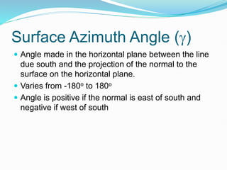 Surface Azimuth Angle ()
 Angle made in the horizontal plane between the line
due south and the projection of the normal to the
surface on the horizontal plane.
 Varies from -180o to 180o
 Angle is positive if the normal is east of south and
negative if west of south
 