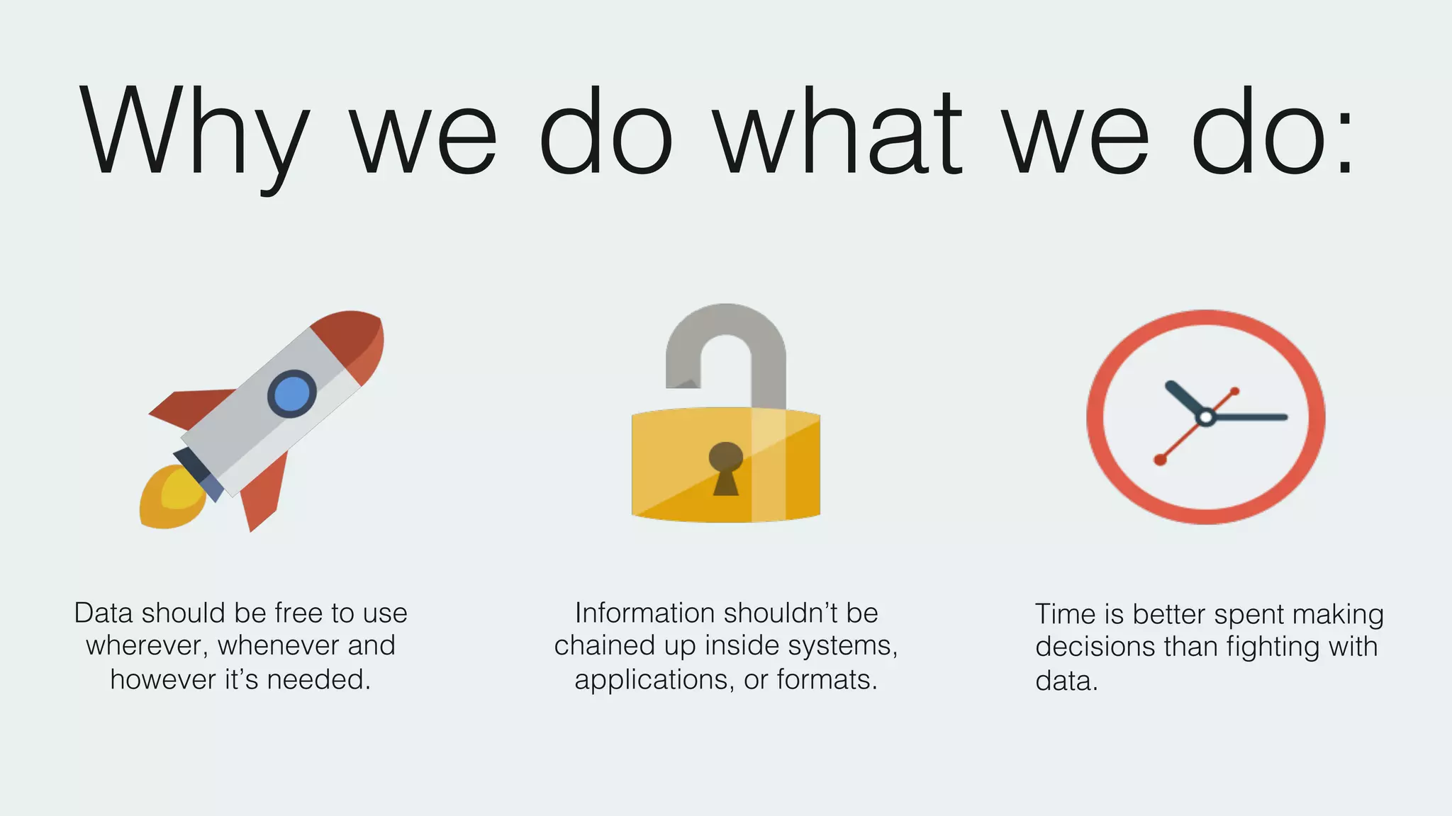 Why we do what we do:!
Data should be free to use
wherever, whenever and
however it’s needed.!
Information shouldn’t be
chained up inside systems,
applications, or formats.!
Time is better spent making
decisions than ﬁghting with
data.!
 