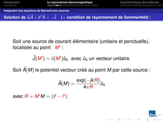 Introduction Le rayonnement électromagnétique Caractéristiques des antennes
Intégration des équations de Maxwell avec sources
Solution de ~
∆~
A + k2~
A = −~
J (+ condition de rayonnement de Sommerfeld) :
Soit une source de courant élémentaire (unitaire et ponctuelle),
localisée au point M0 :
~
J(M0
) = δ(M0
)ûs avec ûs un vecteur unitaire.
Soit ~
A(M) le potentiel vecteur créé au point M par cette source :
~
A(M) =
exp(−jkR)
4πR
ûs
avec R = M0M = k~
r −~
r0k
 
