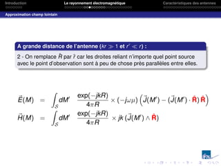 Introduction Le rayonnement électromagnétique Caractéristiques des antennes
Approximation champ lointain
A grande distance de l’antenne (kr  1 et r0
 r) :
2 - On remplace R̂ par r̂ car les droites reliant n’importe quel point source
avec le point d’observation sont à peu de chose près parallèles entre elles.
~
E(M) =
Z
S
dM0 exp(−jkR)
4πR
× (−jωµ)

~
J(M0
) − (~
J(M0
) · R̂) R̂

~
H(M) =
Z
S
dM0 exp(−jkR)
4πR
× jk (~
J(M0
) ∧ R̂)
 