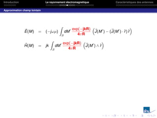Introduction Le rayonnement électromagnétique Caractéristiques des antennes
Approximation champ lointain
~
E(M) = (−jωµ)
Z
S
dM0 exp(−jkR)
4πR
“
~
J(M0
) − (~
J(M0
) · r̂) r̂
”
~
H(M) = jk
Z
S
dM0 exp(−jkR)
4πR
“
~
J(M0
) ∧ r̂
”
 
