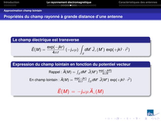 Introduction Le rayonnement électromagnétique Caractéristiques des antennes
Approximation champ lointain
Propriétés du champ rayonné à grande distance d’une antenne
Le champ électrique est transverse
~
E(M) =
exp(−jkr)
4πr
(−jωµ)
Z
S
dM0 ~
J⊥(M0
) exp(+jkr̂ · ~
r0)
Expression du champ lointain en fonction du potentiel vecteur
Rappel : ~
A(M) =
R
S dM0 ~
J(M0)
exp(−jkR)
4πR
En champ lointain : ~
A(M) =
exp(−jkr)
4πr
R
S dM0 ~
J(M0) exp(+jkr̂ · ~
r0)
~
E(M) = −jωµ ~
A⊥(M)
 
