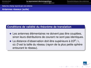 Introduction Le rayonnement électromagnétique Caractéristiques des antennes
Calcul du champ rayonné par une antenne
Antennes réseaux (suite)
Conditions de validité du théorème de translation
Les antennes élémentaires ne doivent pas être couplées,
sinon leurs distributions de courant ne sont pas identiques.
La distance d’observation doit être supérieure à 2D2/λ,
où D est la taille du réseau (rayon de la plus petite sphère
entourant le réseau).
 