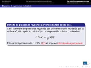 Introduction Le rayonnement électromagnétique Caractéristiques des antennes
Diagramme de rayonnement et directivité
Densité de puissance rayonnée par unité d’angle solide en M
C’est la densité de puissance rayonnée par unité de surface, multipliée par la
surface r2
, découpée au point M par un angle solide unitaire (1 stéradian) :
r2
Π(M) =
1
2η
|f(r̂)|2
Elle est indépendante de r, notée U(r̂) et appelée intensité de rayonnement.
 