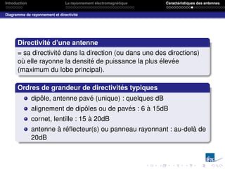 Introduction Le rayonnement électromagnétique Caractéristiques des antennes
Diagramme de rayonnement et directivité
Directivité d’une antenne
= sa directivité dans la direction (ou dans une des directions)
où elle rayonne la densité de puissance la plus élevée
(maximum du lobe principal).
Ordres de grandeur de directivités typiques
dipôle, antenne pavé (unique) : quelques dB
alignement de dipôles ou de pavés : 6 à 15dB
cornet, lentille : 15 à 20dB
antenne à réflecteur(s) ou panneau rayonnant : au-delà de
20dB
 