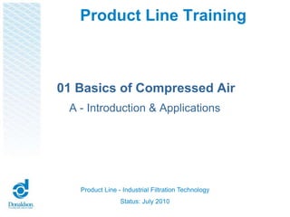 01 Basics of Compressed Air
A - Introduction & Applications
Product Line Training
Product Line - Industrial Filtration Technology
Status: July 2010
 