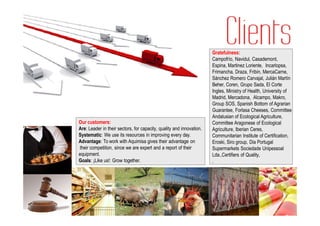 Gratefulness:
                                                                      Campofrío, Navidul, Casademont,
                                                                      Espina, Martinez Loriente, Incarlopsa,
                                                                      Frimancha, Draza, Fribin, MercaCarne,
                                                                      Sánchez Romero Carvajal, Julián Martín
                                                                      Beher, Coren, Grupo Sada, El Corte
                                                                      Ingles, Ministry of Health, University of
                                                                      Madrid, Mercadona, Alcampo, Makro,
                                                                      Group SOS, Spanish Bottom of Agrarian
                                                                      Guarantee, Forlasa Cheeses, Committee
                                                                      Andalusian of Ecological Agriculture,
Our customers:                                                        Committee Aragonese of Ecological
Are: Leader in their sectors, for capacity, quality and innovation.   Agriculture, Iberian Ceres,
Systematic: We use its resources in improving every day.              Communitarian Institute of Certification,
Advantage: To work with Aquimisa gives their advantage on             Eroski, Siro group, Dia Portugal
their competition, since we are expert and a report of their          Supermarkets Sociedade Unipessoal
equipment.                                                            Lda.,Certifiers of Quality,
Goals: ¡Like us!: Grow together.                                      .
 