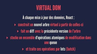 VIRTUAL DOM
À chaque mise à jour des données, React :
▸ construit un nouvel arbre virtuel à partir de celles-ci
▸ fait un diff avec la précédente version de l'arbre
▸ stocke un ensemble d'opérations atomiques de modification dans
une queue
▸ et traite ces opérations par lots (batch)
 