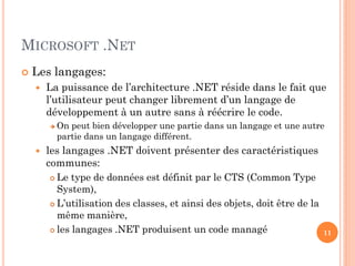 MICROSOFT .NET
 Les langages:
 La puissance de l’architecture .NET réside dans le fait que
l’utilisateur peut changer librement d’un langage de
développement à un autre sans à réécrire le code.
 On peut bien développer une partie dans un langage et une autre
partie dans un langage différent.
 les langages .NET doivent présenter des caractéristiques
communes:
 Le type de données est définit par le CTS (Common Type
System),
 L’utilisation des classes, et ainsi des objets, doit être de la
même manière,
 les langages .NET produisent un code managé 11
 