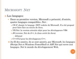 MICROSOFT .NET
 Les langages:
 Dans sa première version, Microsoft a présenté, d'entrée,
quatre langages compatibles .Net :
 C# (C sharp): le langage .NET vedette de Microsoft. Il a été proposé
pour faire face au succès de Java.
 VB.Net: la version orientée objet pour les développeurs VB6
 J# (version .Net de J++, le clone avéré de Java)
 délaissé
 C++/CLI pour les développeurs C++.
 Au fil des années, ils se sont ajoutés, par Microsoft, les langages
JScript.Net et Windows PowerShell et ASP.Net qui ouvre aux
langages .Net le monde du développement Web.
12
 