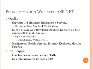 PROGRAMMATION WEB AVEC ASP.NET
 Outils:
 Serveur: IIS (Internet Information Server),
 On peut utiliser Apache  Projet Mono
 IDE: « Visual Web Developer Express Edition» ou bien
«Microsoft Visual Studio »
 Il y a d’autres IDE :
 QuickSharp , Webmatrix, …
 Navigateur: Google chrome, Internet Explorer, Mozilla
FireFox
 Pré-Requis:
 Une bonne connaissance de HTML
 Des connaissances de base en C# 24
 