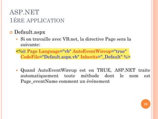 ASP.NET
1ÉRE APPLICATION
 Default.aspx
 Si on travaille avec VB.net, la directive Page sera la
suivante:
<%@ Page Language="vb" AutoEventWireup="true"
CodeFile="Default.aspx.vb" Inherits="_Default" %>
 Quand AutoEventWireup est en TRUE, ASP.NET traite
automatiquement toute méthode dont le nom est
Page_eventName comment un événement
29
 