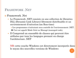 FRAMEWORK .NET
 Framework .Net
 Le Framework .NET consiste en une collection de librairies
DLL (Dynamic Link Library) librement distribuable et un
environnement d’exécution (un Run-time)
 Les programmes s’exécutant sous contrôle de l’environnement .NET.
 Ceci est appelé Mode Géré ou Managé (managed code).
 Il Comprend un ensemble de classes qui peuvent être
utilisées par tous les langages prenant en charge
l’architecture .NET
NB: cette couche Windows est directement incorporée dans
le noyau des nouvelles versions de Windows
3
 