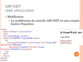 ASP.NET
1ÉRE APPLICATION
 Modification
 La modification du contrôle ASP.NET est plus simple:
fenêtre Propriétés
<body>
<form id="form1" runat="server">
<div>
<h2> le frameWork .net</h2>
<label id="LblHTM"> Lable HTML</label>
<p>
<asp:Label ID="Label1" runat="server" Text="Label ASP"
BorderColor="#FF3300"
BorderStyle="Dashed" Font-Size="Large"
ForeColor="#3366CC"></asp:Label>
</p>
</div>
</form>
</body>
</html>
32
 