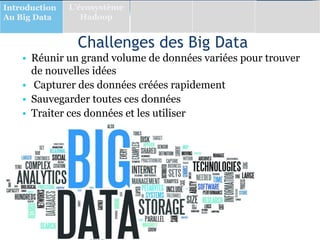 Challenges des Big Data
• Réunir un grand volume de données variées pour trouver
de nouvelles idées
• Capturer des données créées rapidement
• Sauvegarder toutes ces données
• Traiter ces données et les utiliser
Introduction
Au Big Data
L’écosystème
Hadoop
 