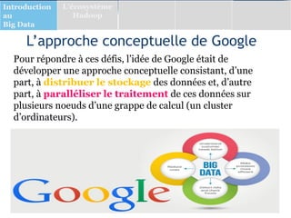L’approche conceptuelle de Google
Introduction
au
Big Data
L’écosystème
Hadoop
Pour répondre à ces défis, l’idée de Google était de
développer une approche conceptuelle consistant, d’une
part, à distribuer le stockage des données et, d’autre
part, à paralléliser le traitement de ces données sur
plusieurs noeuds d’une grappe de calcul (un cluster
d’ordinateurs).
 