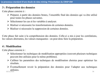 3 : Préparation des données
Cette phase consiste à :
Ø Préparer, à partir des données brutes, l’ensemble final des données qui va être utilisé
pour toutes les phases suivantes.
Ø Sélectionner les cas et les variables à analyser.
Ø Réaliser si nécessaire les transformations de certaines données.
Ø Réaliser si nécessaire la suppression de certaines données.
Cette phase fait suite à la compréhension des données. Celle-ci a mis à jour les corrélations,
les valeurs aberrantes, les valeurs manquantes : on peut donc faire la préparation.
4 : Modélisation
Cette phase consiste à :
Ø Sélectionner les techniques de modélisation appropriées (souvent plusieurs techniques
peuvent être utilisées pour le même problème).
Ø Calibrer les paramètres des techniques de modélisation choisies pour optimiser les
résultats.
Ø Éventuellement revoir la préparation des données pour l’adapter aux techniques
utilisées.
Le processus standard d’une étude de data mining: Présentation du CRISP-DM
10/11/2023 38
 