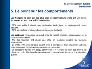 Les français ne sont pas les plus gros consommateurs, mais ont une envie
de passer au vert, une soif d’information :
• 68% sont prêts à choisir une destination écologique, un déplacement moins
polluant.
• 56% sont prêts à choisir un logement avec un écolabel.
Les pratiques : Il persiste un écart entre la volonté d’achat « responsable» et la
consommation réelle :
• 4% des touristes ont choisi une offre en tourisme durable ou tourisme
responsable
• En 2009, 79% des français étaient prêts à compenser leur empreinte carbone,
mais seulement 2% ont réalisé une éco-compensation
• Le caractère durable est perçu comme un « + », mais ce n’est pas encore un
critère de choix, il faut que la prestation soit comparable en terme de prix, situation,
qualité.
Le Développement durable :
introduction
5. Le point sur les comportements
 