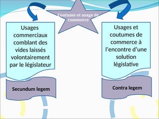 Coutume et usage de
commerce
Usages
commerciaux
comblant des
vides laissés
volontairement
par le législateur
Usages et
coutumes de
commerce à
l’encontre d’une
solution
législative
Secundum legem Contra legem
 