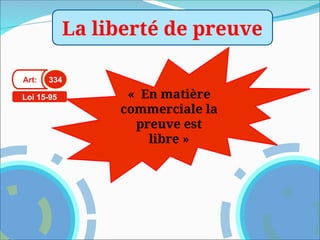 La liberté de preuve
« En matière
commerciale la
preuve est
libre »
Art: 334
Loi 15-95
 