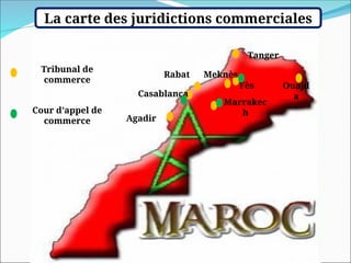 La carte des juridictions commerciales
Tanger
Ouajd
a
Fès
Marrakec
h
Rabat Meknès
Casablanca
Agadir
Tribunal de
commerce
Cour d’appel de
commerce
 