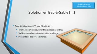 Solution en Bac-à-Sable […]
• Améliorations avecVisual Studio 2012:
• IntelliSense affiche seulement les classes disponibles;
• WebParts visuelles maintenant prises en charge;
• Possibilité de déployer à distance;
@NikCharlebois
NikCharlebois.com
 