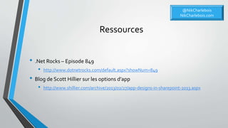 Ressources
• .Net Rocks – Episode 849
• http://www.dotnetrocks.com/default.aspx?showNum=849
• Blog de Scott Hillier sur les options d’app
• http://www.shillier.com/archive/2013/02/27/app-designs-in-sharepoint-2013.aspx
@NikCharlebois
NikCharlebois.com
 