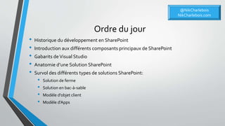 Ordre du jour
• Historique du développement en SharePoint
• Introduction aux différents composants principaux de SharePoint
• Gabarits deVisual Studio
• Anatomie d’une Solution SharePoint
• Survol des différents types de solutions SharePoint:
• Solution de ferme
• Solution en bac-à-sable
• Modèle d’objet client
• Modèle d’Apps
@NikCharlebois
NikCharlebois.com
 
