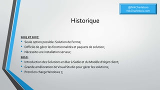 Historique
2003 et 2007:
• Seule option possible: Solution de Ferme;
• Difficile de gérer les fonctionnalités et paquets de solution;
• Nécessite une installation serveur;
2010:
• Introduction des Solutions en Bac à Sable et du Modèle d’objet client;
• Grande amélioration deVisual Studio pour gérer les solutions;
• Prend en chargeWindows 7;
@NikCharlebois
NikCharlebois.com
 