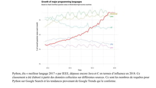 Python, élu « meilleur langage 2017 » par IEEE, dépasse encore Java et C en termes d’influence en 2018. Ce
classement a été élaboré à partir des données collectées sur différentes sources. Ce sont les nombres de requêtes pour
Python sur Google Search et les tendances provenant de Google Trends qui le conforme.
 