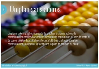 Un plan sans accros6
Un plan marketing réfléchi apporte de la valeur à chaque actions de
communication medias/hors médias ainsi qu’une contribution à l’acte de vente ou
de conversion (de lead). L’objectif étant d’attribuer à chaque canal de
communication un élément influent dans la prise de décision du client.
Introduction au marketing digital Fabienne FELIX – Agence Upgrade U
 