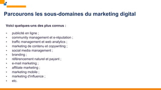 Parcourons les sous-domaines du marketing digital
Voici quelques-uns des plus connus :
• publicité en ligne ;
• community management et e-réputation ;
• traffic management et web analytics ;
• marketing de contenu et copywriting ;
• social media management ;
• branding ;
• référencement naturel et payant ;
• e-mail marketing ;
• affiliate marketing ;
• marketing mobile ;
• marketing d'influence ;
• etc.
 